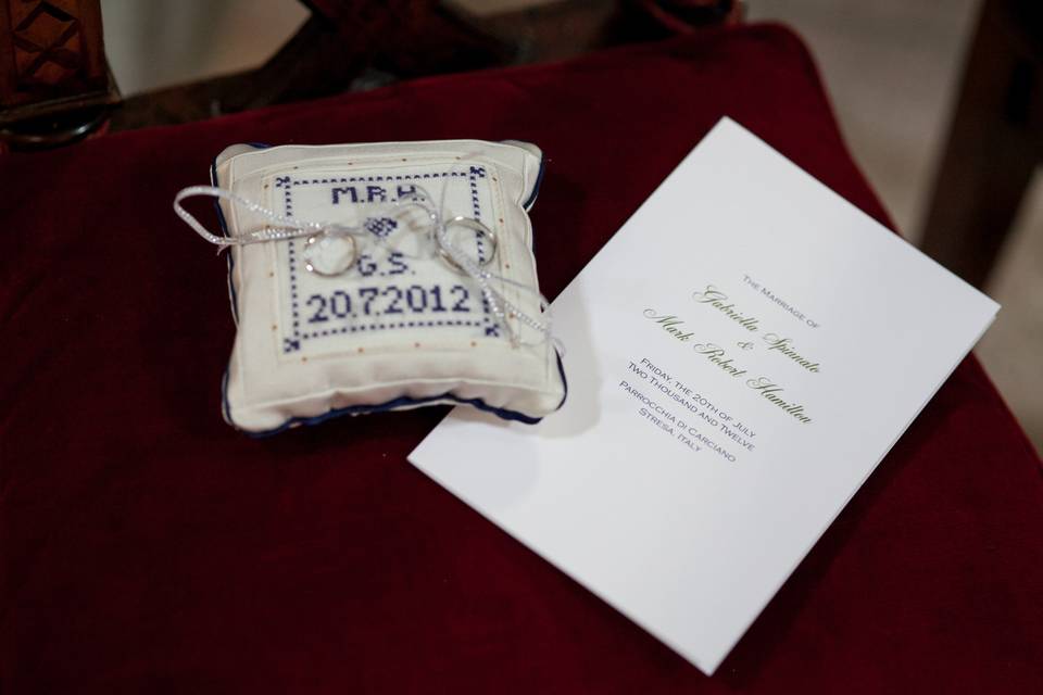 A hand made ring bearer pillow & program