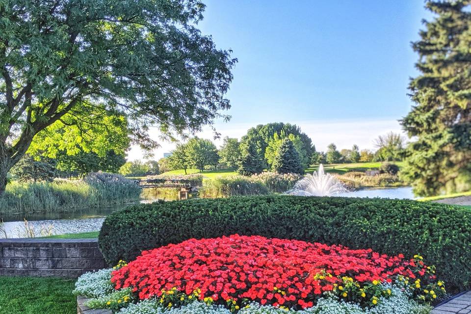 Red flowers pond and fountain
