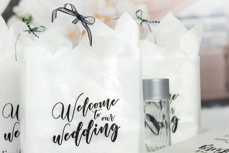 Semi-transparent clear frosted wedding welcome bags personalized