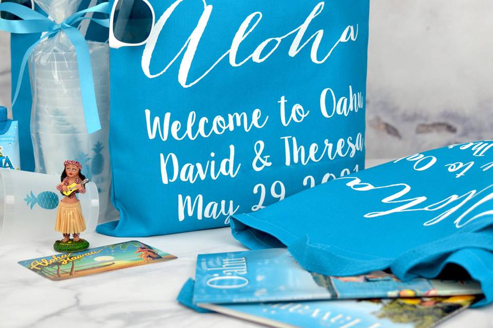 Blue canvas wedding welcome bags