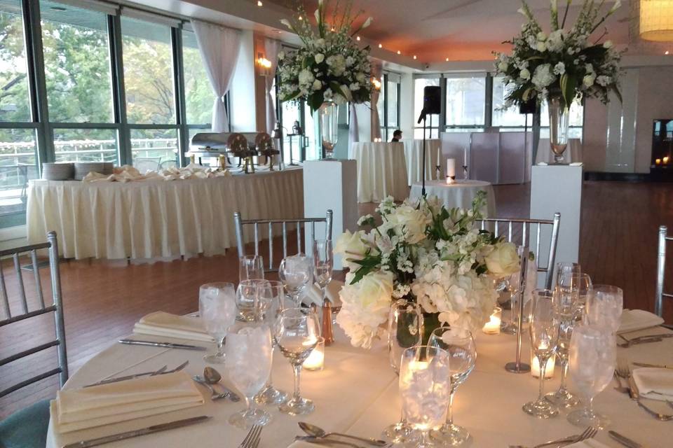 Candlelit table with floral centerpiece