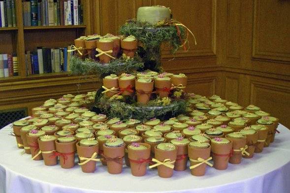 Flower pot cupcakes with seed packet favors.  Its a wedding cake and favors all in one.