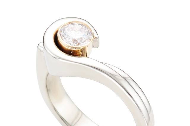 White Gold Solitaire Diamond Engagement Ring with Yellow Gold Bezel around Diamond Designed by Spectrum Art & Jewelry