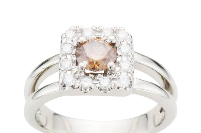 Custom Designed Champagne Diamond Split Shank Engagement ring with white diamond accents by Spectrum Art & Jewelry