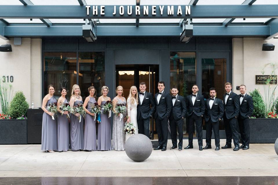 Wedding party photo in front of The Journeyman