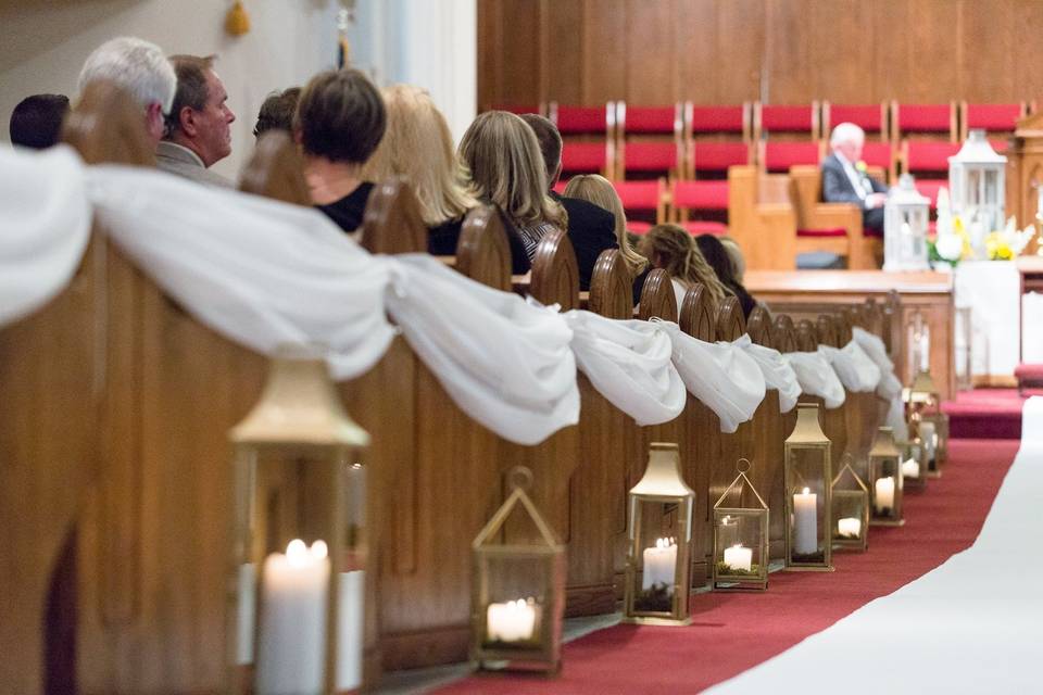 Aisle decor at central methodist wedding