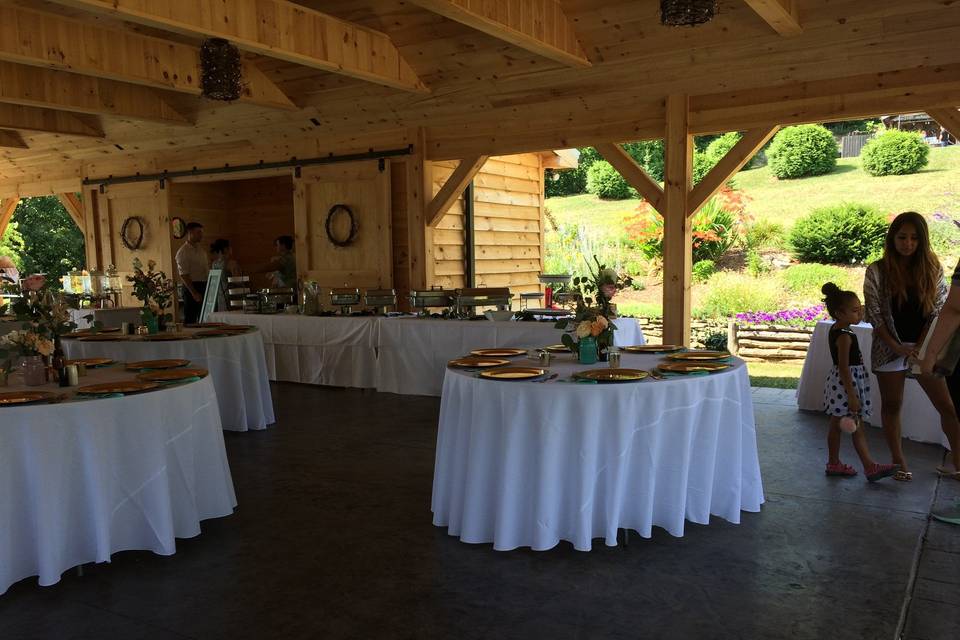 Reception set up at the pavilion at cabin ridge, hendersonville, nc