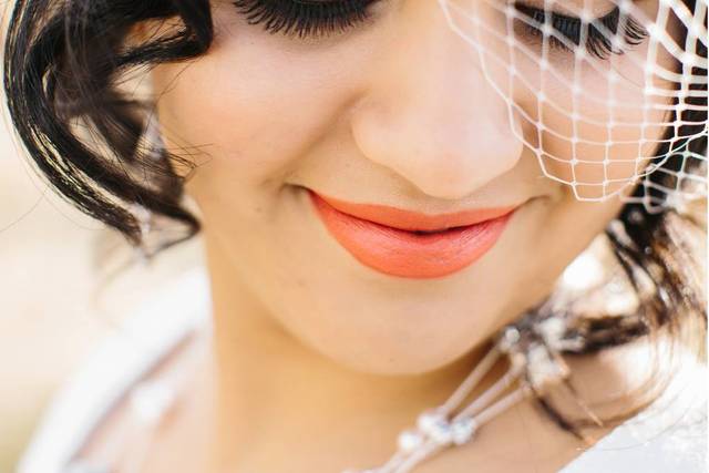 Peach lip and bird cage veil