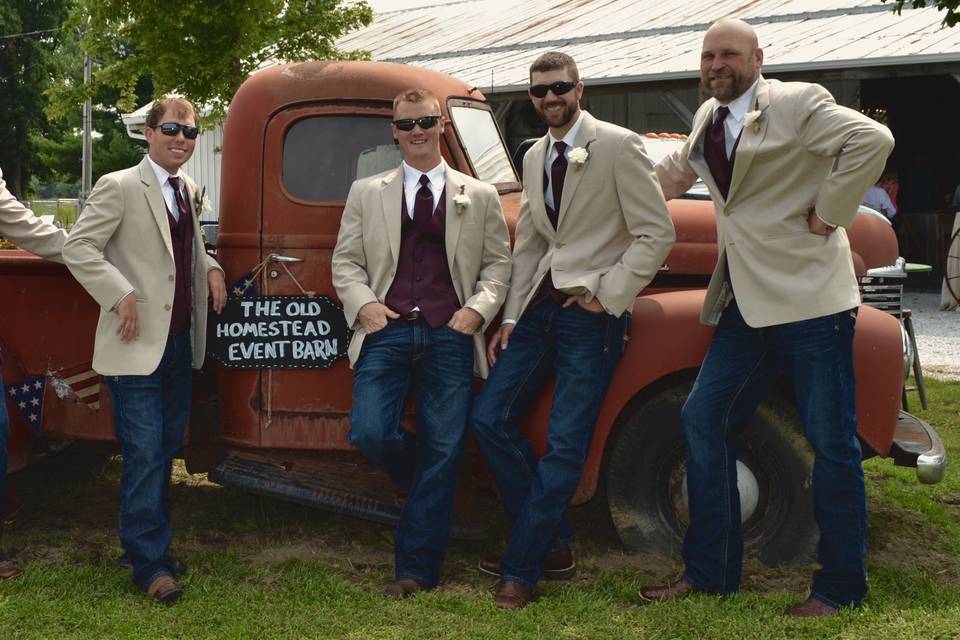 Posing by our red truck