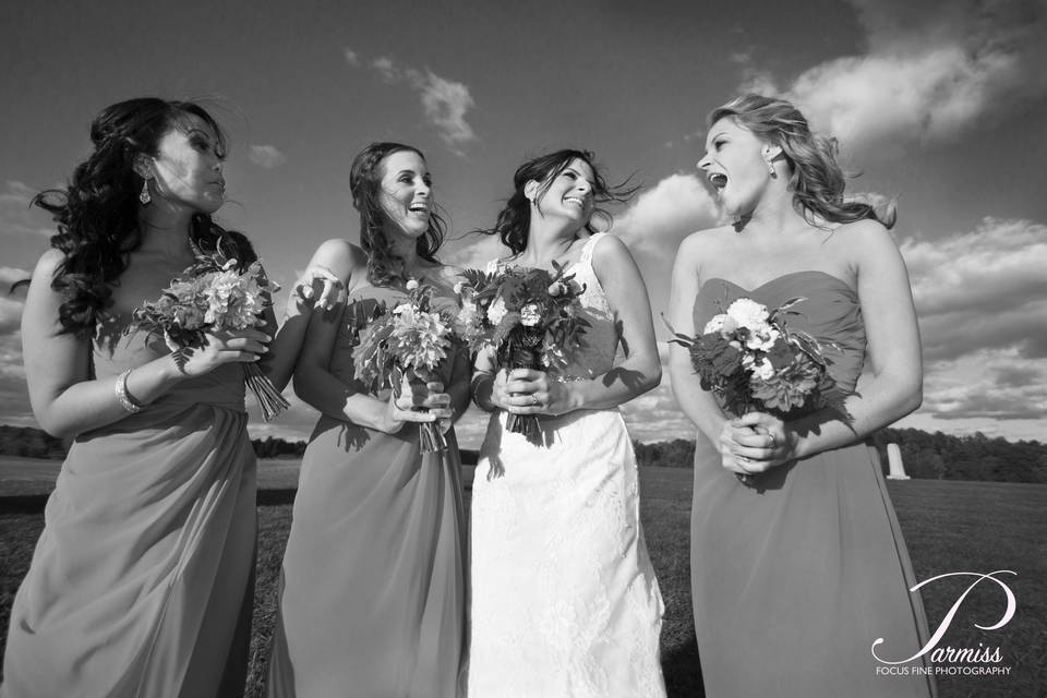 Bride and bridesmaids in fall
