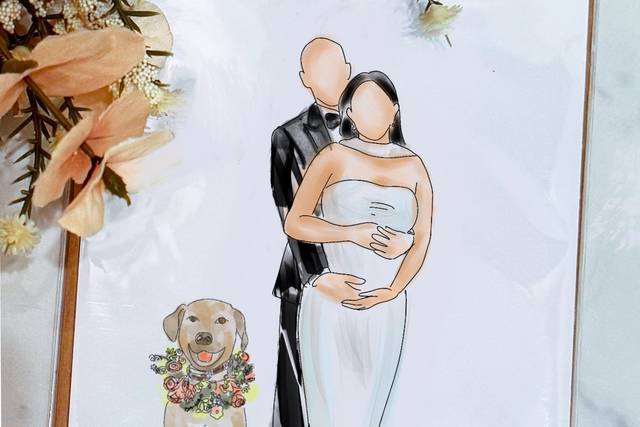 Couple and pet drawing