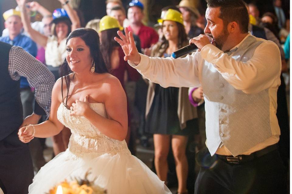 Bride and guests dancing