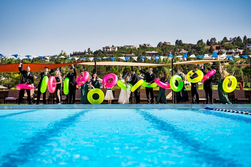 Poolside wedding party fun