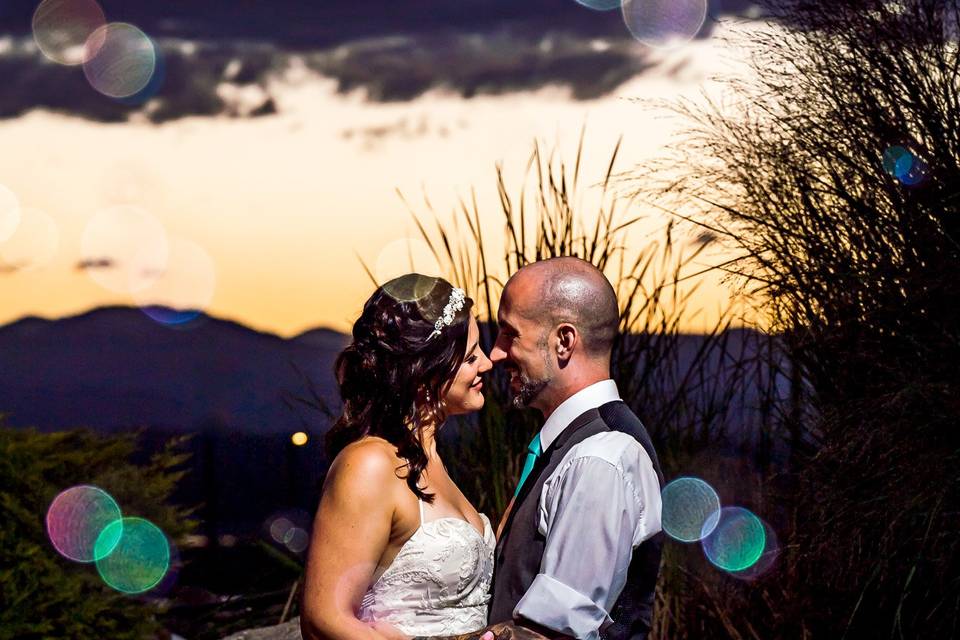 Sunset portrait with bubbles