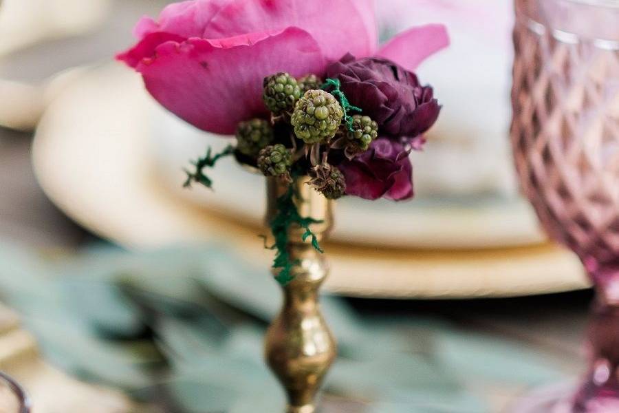 Purple rose and purple ranunculus mini centerpiece