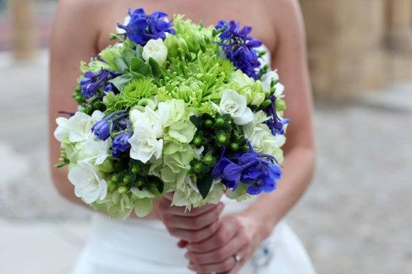 Green hydrangea, green fugis, blue delphinium bridal bouquet