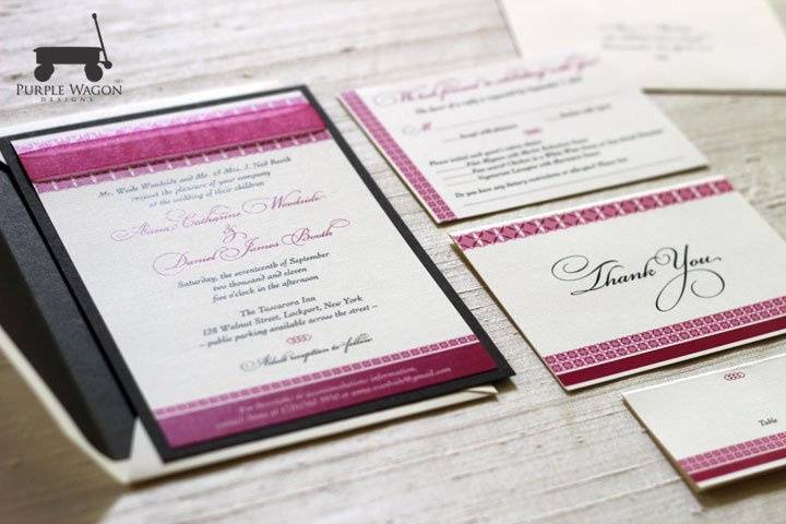 Wedding invitation package with thank you notes in dark pink and brown. Features a ribbon embellishment
