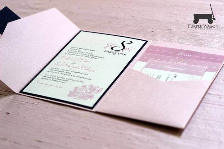 Wedding invitation with custom monogram and pocket folder