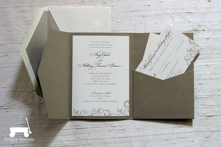 Modern and elegant invitation package utilizing a pocket folder to hold enclosures