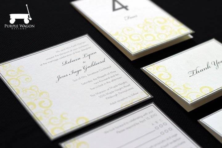 Modern square wedding invitation with place cards, table numbers, and thank you notes