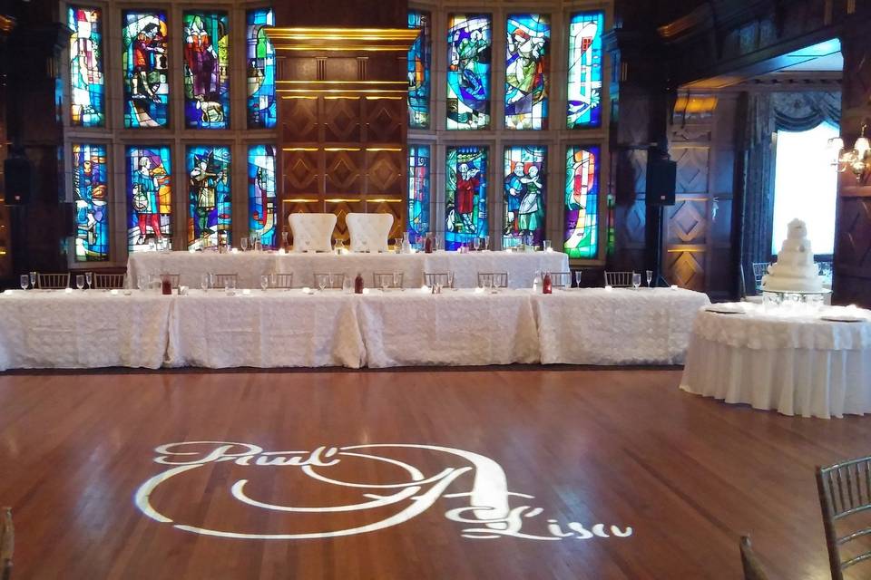 Sound, uplighting, and monogram provided at the beautiful Baltimore Club in downtown KC.
