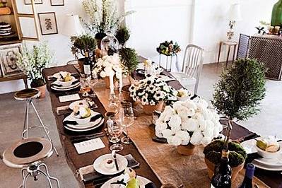 A rustic rectangle table was used in place of several smaller round tables.