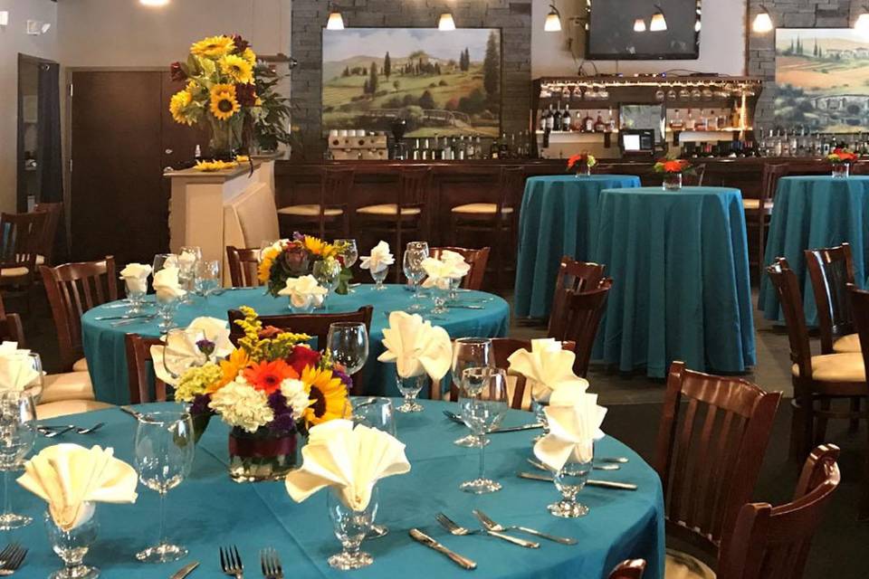 Blue table linens for reception tables and cocktail tables