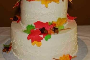 Yellow Cake with White Buttercream Icing, Hand Made Leaves and Acorns