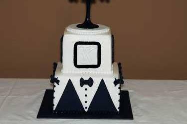 3 Tier White Cake, With White Buttercream Icing & Fondant Details & Draping with a Black Martini Glass & Glass Bead Fringe