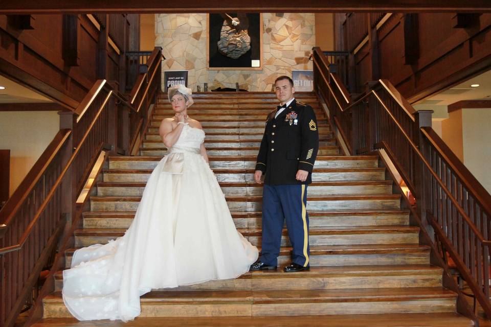 Newlyweds at the staircase
