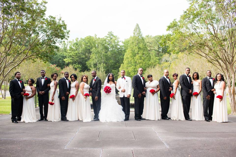 Newlyweds with bridesmaids and groomsmen