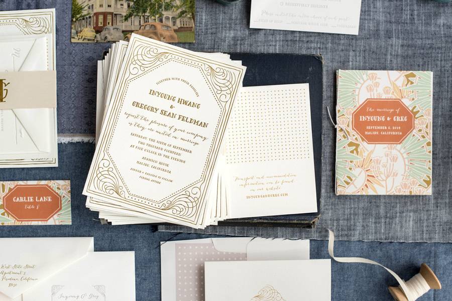 Art nouveau inspired with playful, hand drawn touches and deco patterns, Ella is a beautiful wedding invitation that combines modern whimsy with romance.