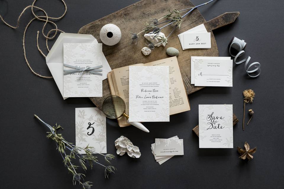 Hello Tenfold's Lima wedding invitations feature hand drawn florals letterpress printed in neutral inks with grey calligraphy-inspired fonts. This fully customizable invitation suite is modern but romantic, playful but elegant.