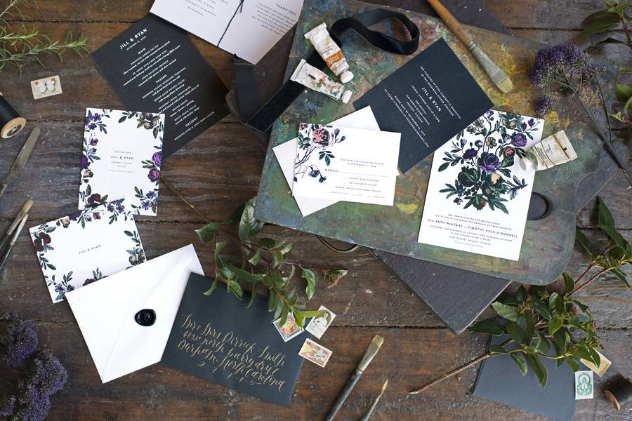 Hello Tenfold's Flora invitations are darkly romantic and modern, without being too trendy. Choose deep jewel tones or brighter, more playful colors for the flowers. This dramatic wedding invitation suite is one of our favorites.
