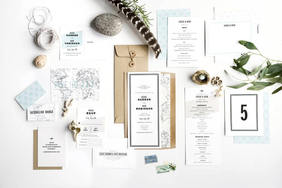 Hello Tenfold's Gazette wedding invitation suite is perfect for modern destination weddings. The envelope liner, place cards, and save the dates feature fully customizable vintage maps.
