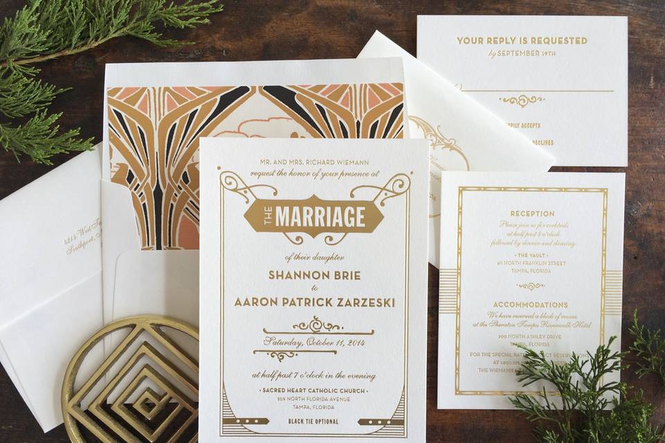 Hello Tenfold's Gatsby wedding invitation set is unique and art deco inspired! Choose from one of our many art deco patterns in the color scheme of your choice.