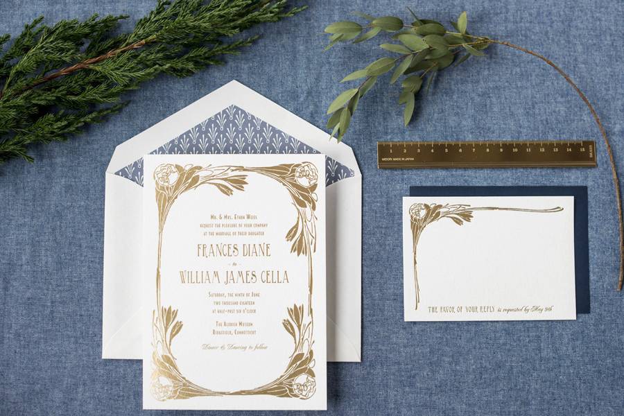 Hello Tenfold's Nora wedding invitation suite features art nouveau style flowers and vintage pattern.