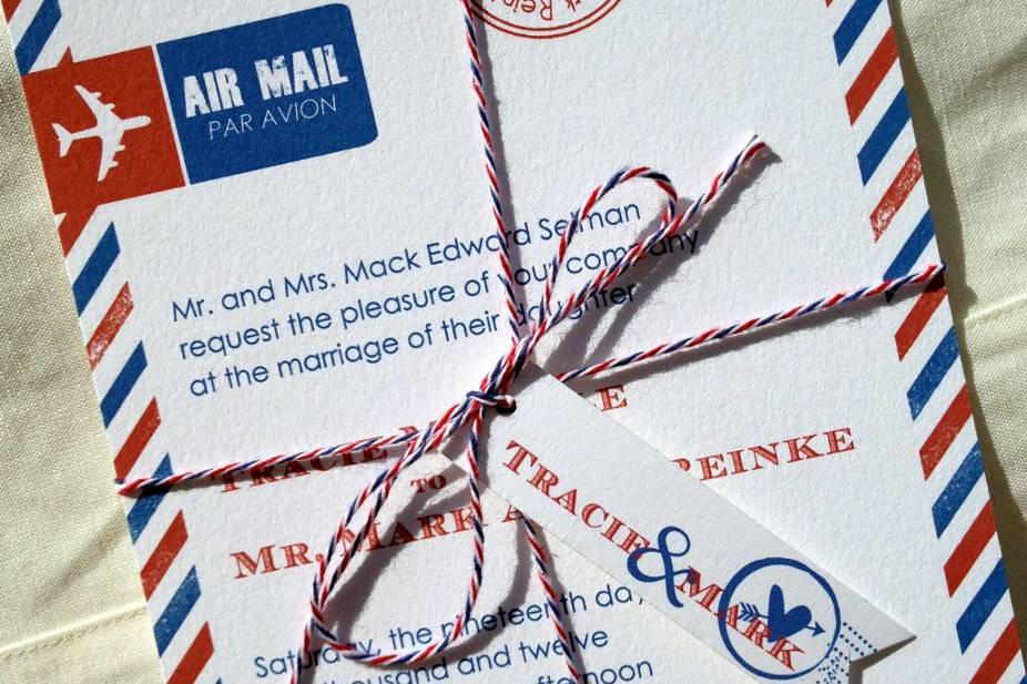 Airmail!  The bride and groom fell in love while writing good old-fashioned love letters and wanted to reflect that in their wedding theme.  Love it!!