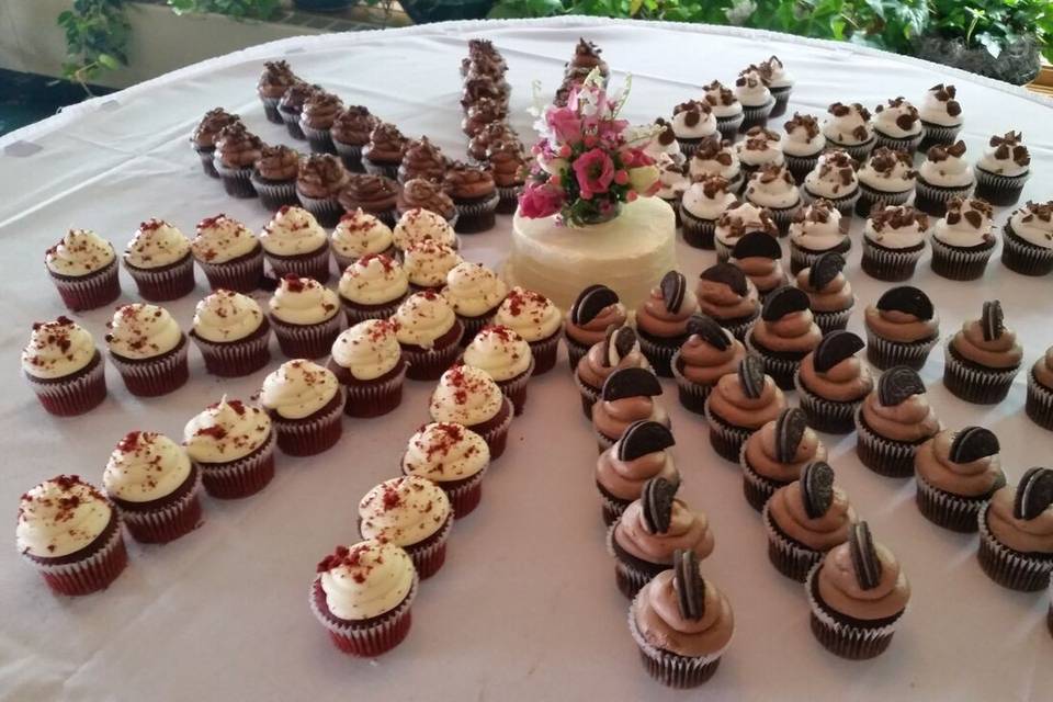 Wedding cake and cupcakes