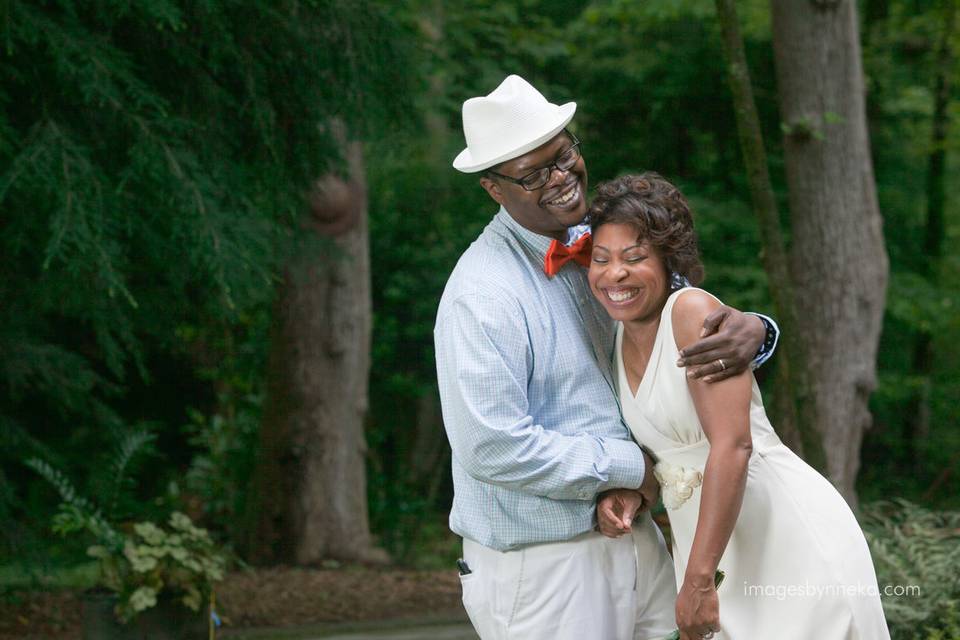 Laughter between two best friends who just became husband and wife