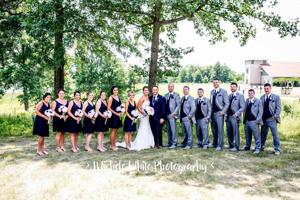 The couple with the bridesmaids and groomsmen