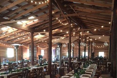 Rustic wedding ceremony cafe lighting