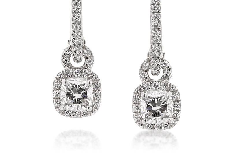 <b>1.80ctw Cushion Cut Diamond Earrings</b><br>
These elegant cushion cut diamond dangle earrings are embellished with bright round brilliant cut diamonds all over.