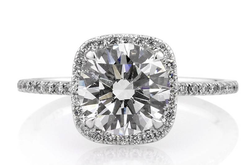 <b>2.66ctw Round Brilliant Cut Diamond Engagement Anniversary Ring</b><br>
An exquisite round diamond with a cushion halo sits atop a beautiful dainty micropave shank for a stunning, bold look!