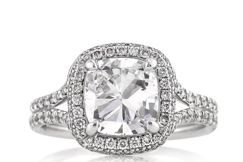 <b>3.25ctw Cushion Cut Diamond Engagement Anniversary Ring</b><br>
This beautiful cushion cut diamond halo ring features a lovely detailed center basket with handmade filigree accents.