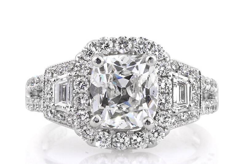 <b>3.67ctw Antique Cushion Brilliant Diamond Engagement Anniversary Ring</b><br>
This amazing antique cushion diamond ring has a phenomenal look with bright trapezoid side stones and milgrain detail.