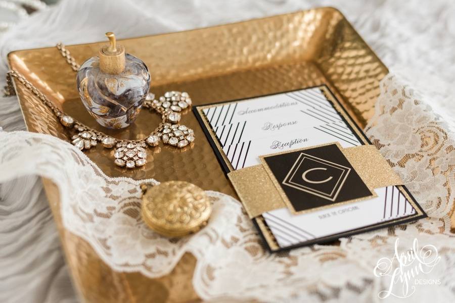 Gold and black themed wedding invitation