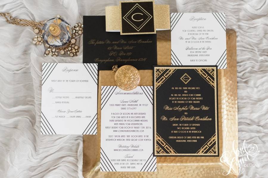 Gold and black themed wedding invitation