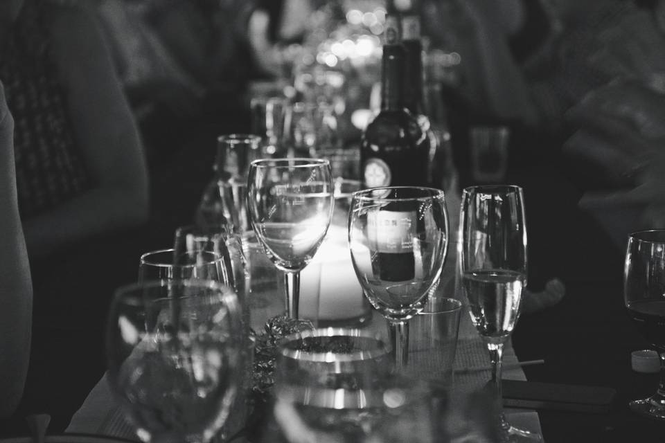 Wine glasses displayed on table