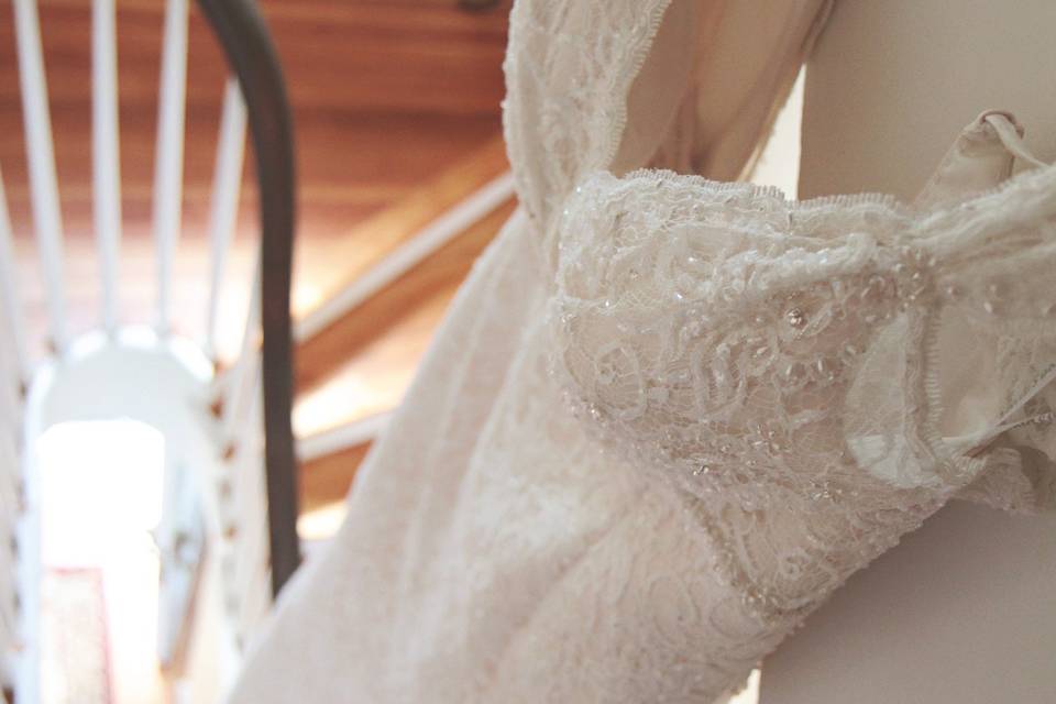 Wedding gown above grand staircase